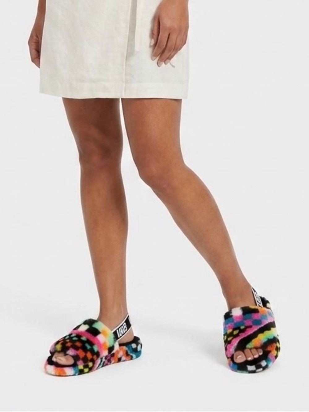 UGG Women's Multi-Color Check Faux-Fur Slide with Branded Sling